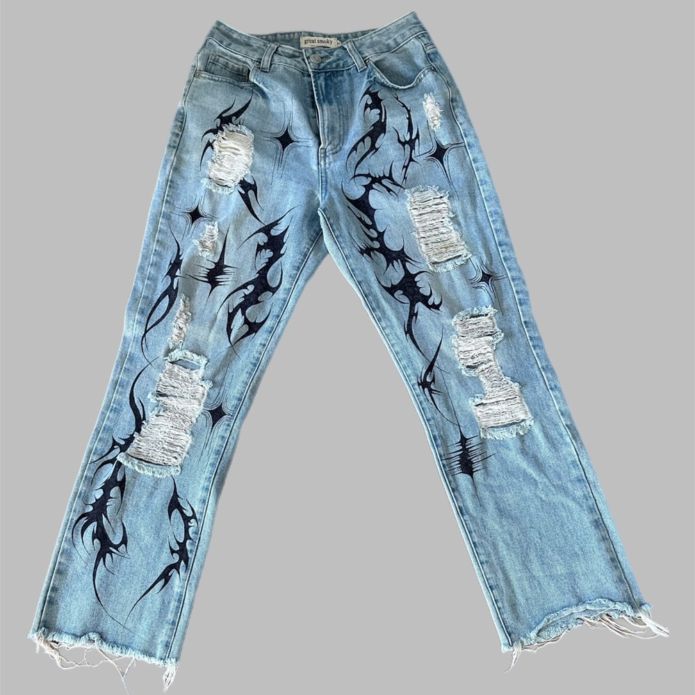 Distressed Light Blue Straight Leg Jeans